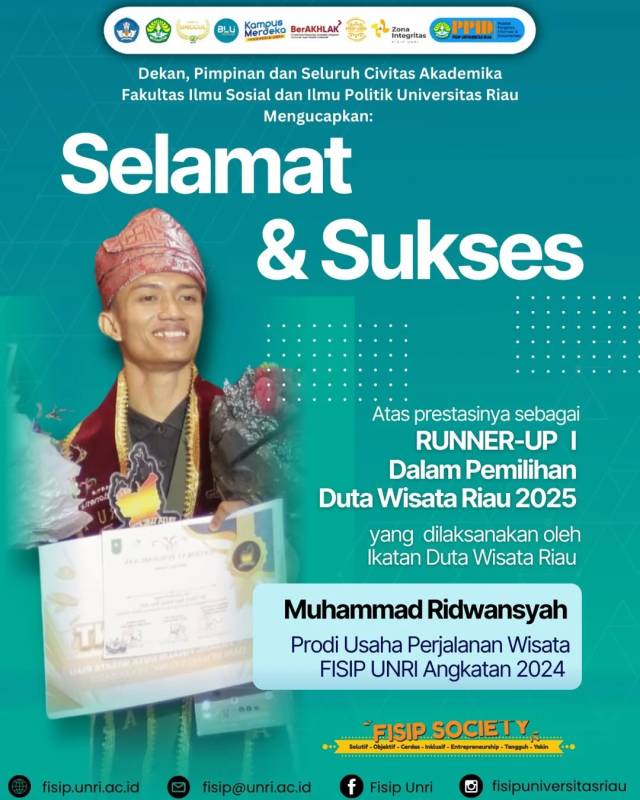 Selamat dan Sukses untuk Muhammad Ridwansyah, mahasiswa Prodi Usaha Perjalanan Wisata FISIP UNRI Angkatan 2024