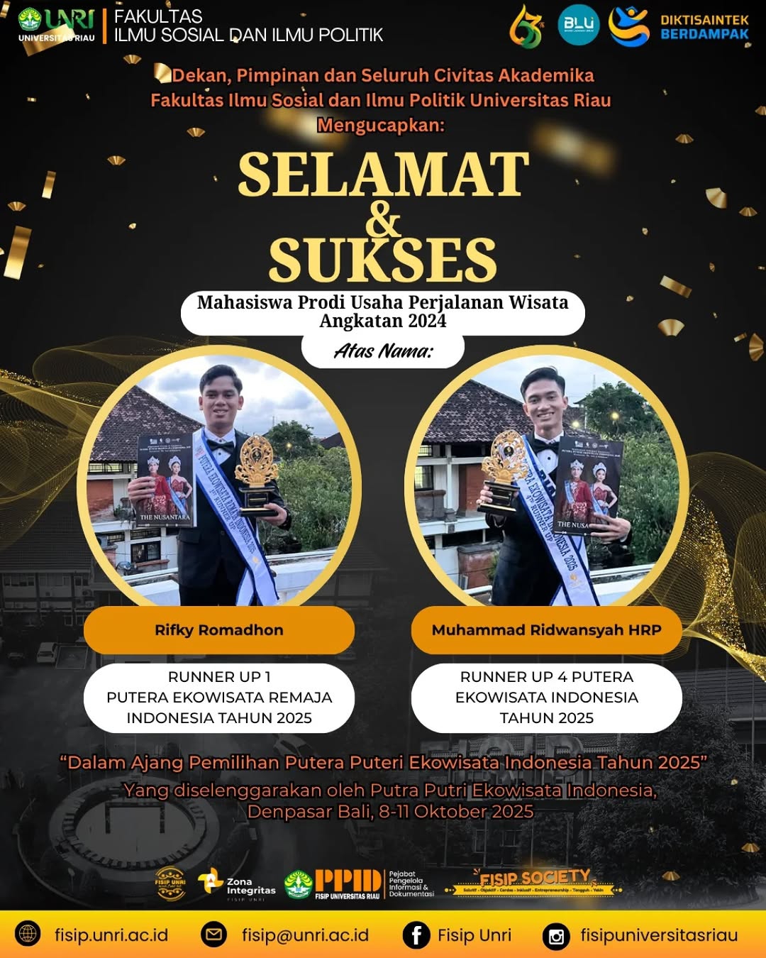 Congratulations and best wishes to the students of the Tour and Travel Business Study Program, Class of 2024, Rifky Romadhon and Muhammad Ridwansyah HRP.