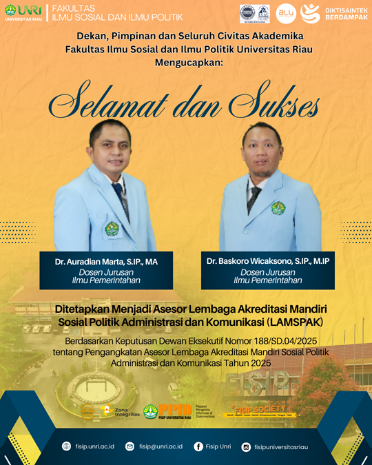 Congratulations and Best Wishes to Dr. Auradian Marta, S.IP., MA and Dr. Baskoro Wicaksono, S.IP., M.IP, Lecturers of the Department of Government Studies,FISIP UNRI