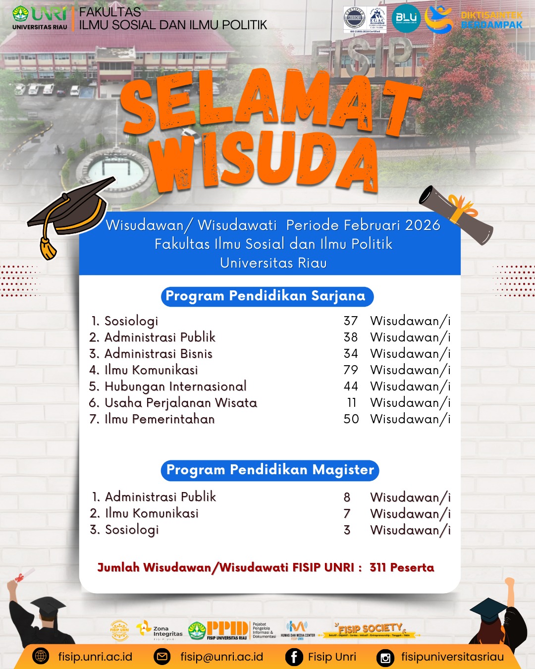 SELAMAT & SUKSES ATAS WISUDA 311 Peserta Fakultas Ilmu Sosial dan Ilmu Politik Universitas Riau