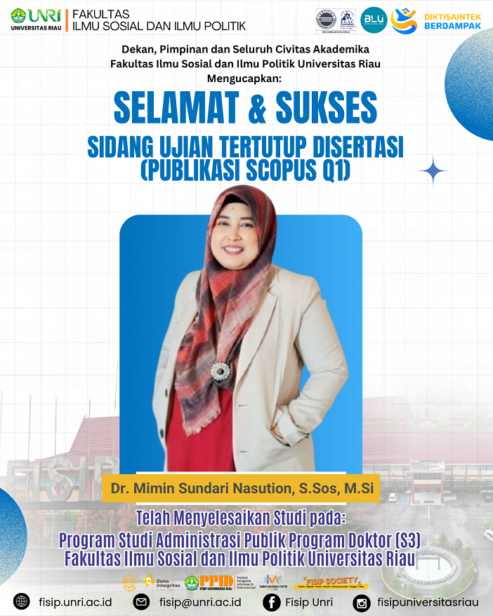 Selamat & Sukses Dr. Mimin Sundari Nasution, S.Sos., M.Si keberhasilannya menyelesaikan Sidang Ujian Tertutup Disertasi (Publikasi Scopus Q1)