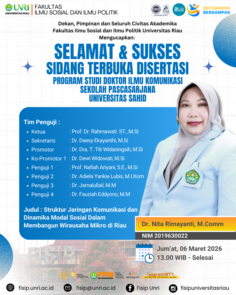 Selamat dan Sukses Dr. Nita Rimayanti, M.Comm as pelaksanaan Sidang Terbuka Disertasi Program Studi Doktor Ilmu Komunikasi
