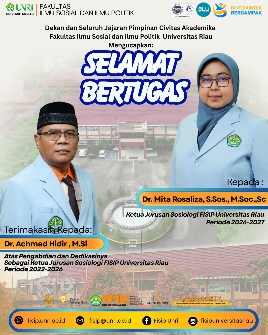 Selamat dan sukses atas amanah baru Dr. Mita Rosaliza, S.Sos., M.Soc.Sc sebagai Ketua Jurusan Sosiologi FISIP UNRI Periode 2026–2027