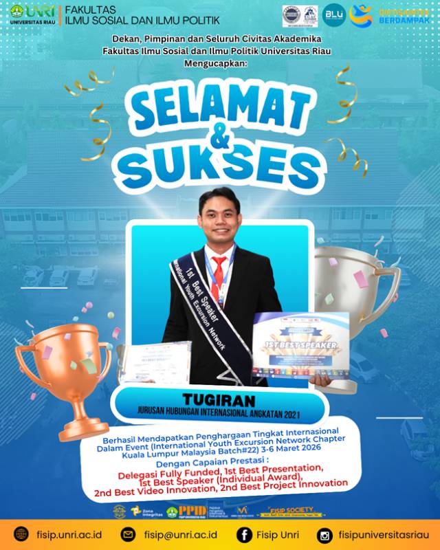 Selamat & Sukses Tugiran, mahasiswa Hubungan Internasional angkatan 2021 dalam ajang International Youth Excursion Network Chapter Kuala Lumpur Malaysia