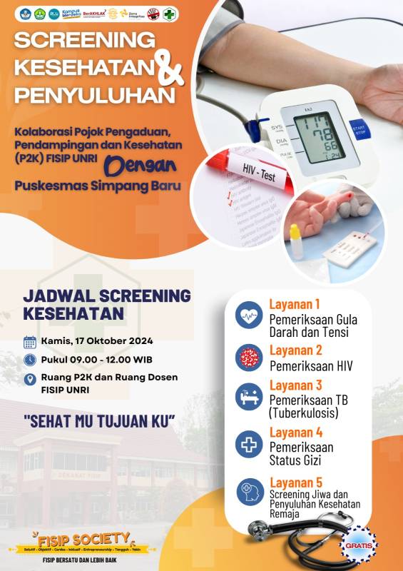 Screening Kesehatan dan Penyuluhan Kolaborasi Pojok P2K FISIP dengan Puskesmas Simpang Baru Panam Pekanbaru