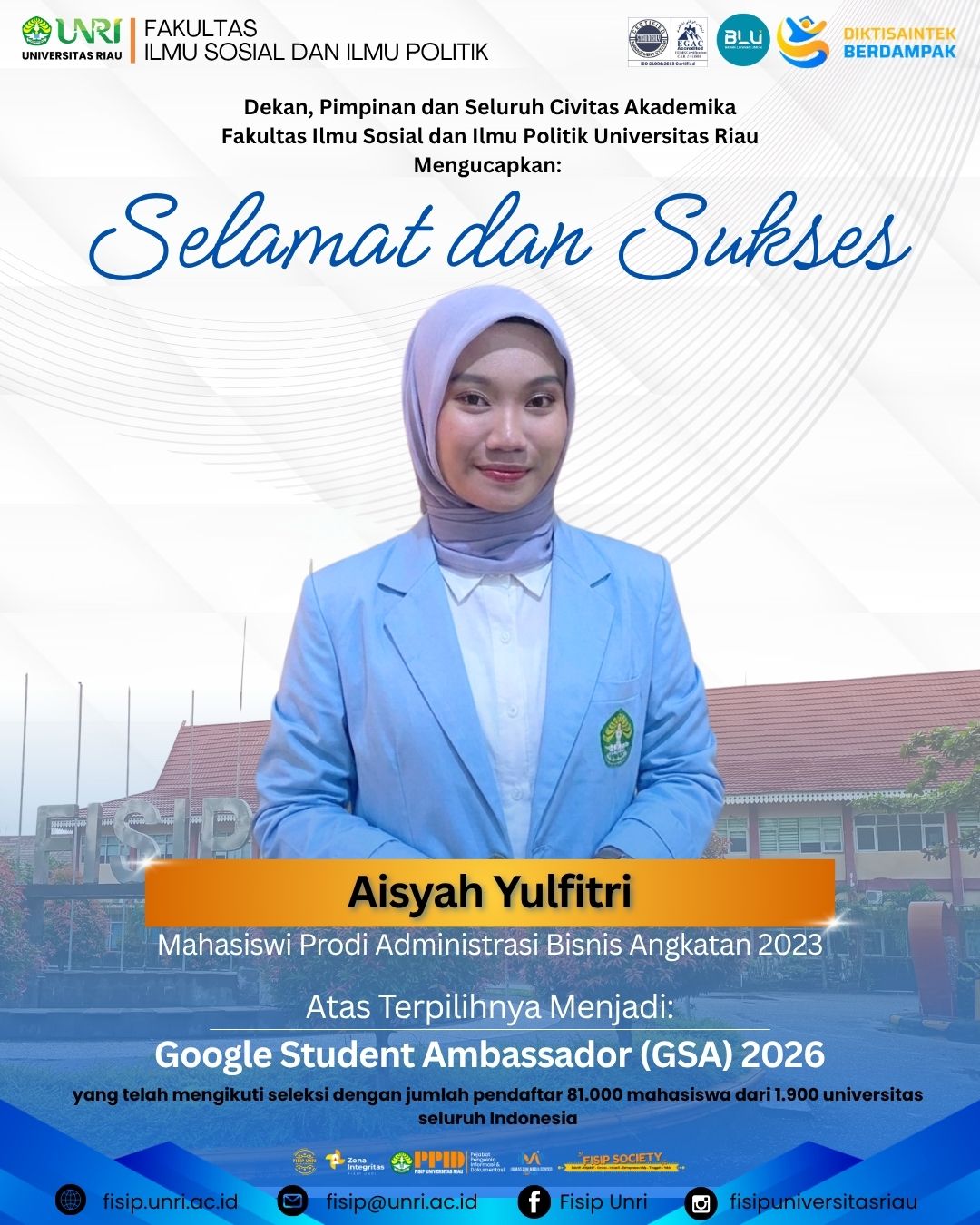 Congratulations and Best Wishes to Aisyah Yulfitri on Being Selected as a Google Student Ambassador (GSA) 2026