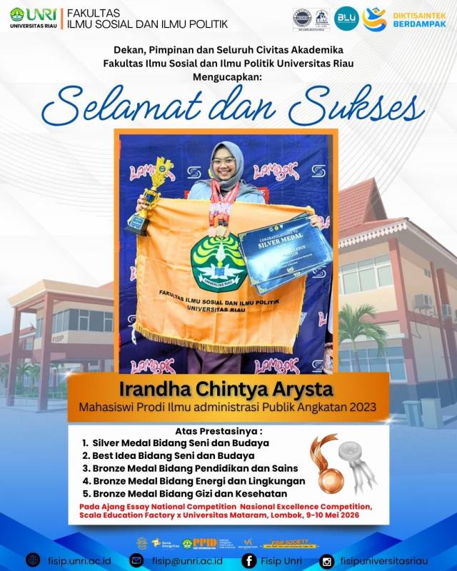 Congratulations and best wishes to Irandha Chintya Arysta, a student of the Public Administration Study Program, Class of 2023.