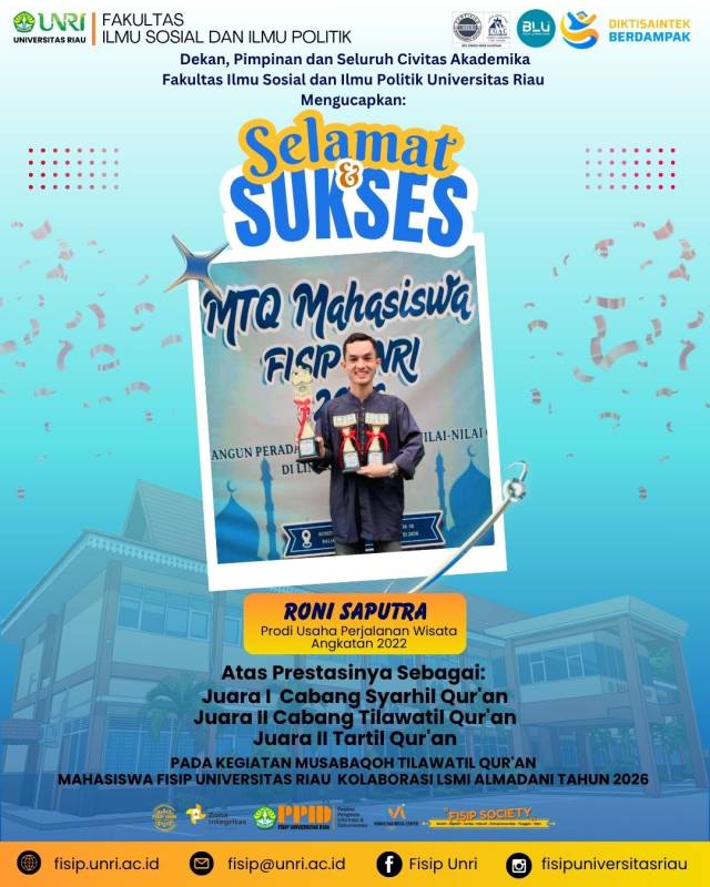 Congratulations and best wishes to Roni Saputra, a student of the Travel Business Study Program, Class of 2022