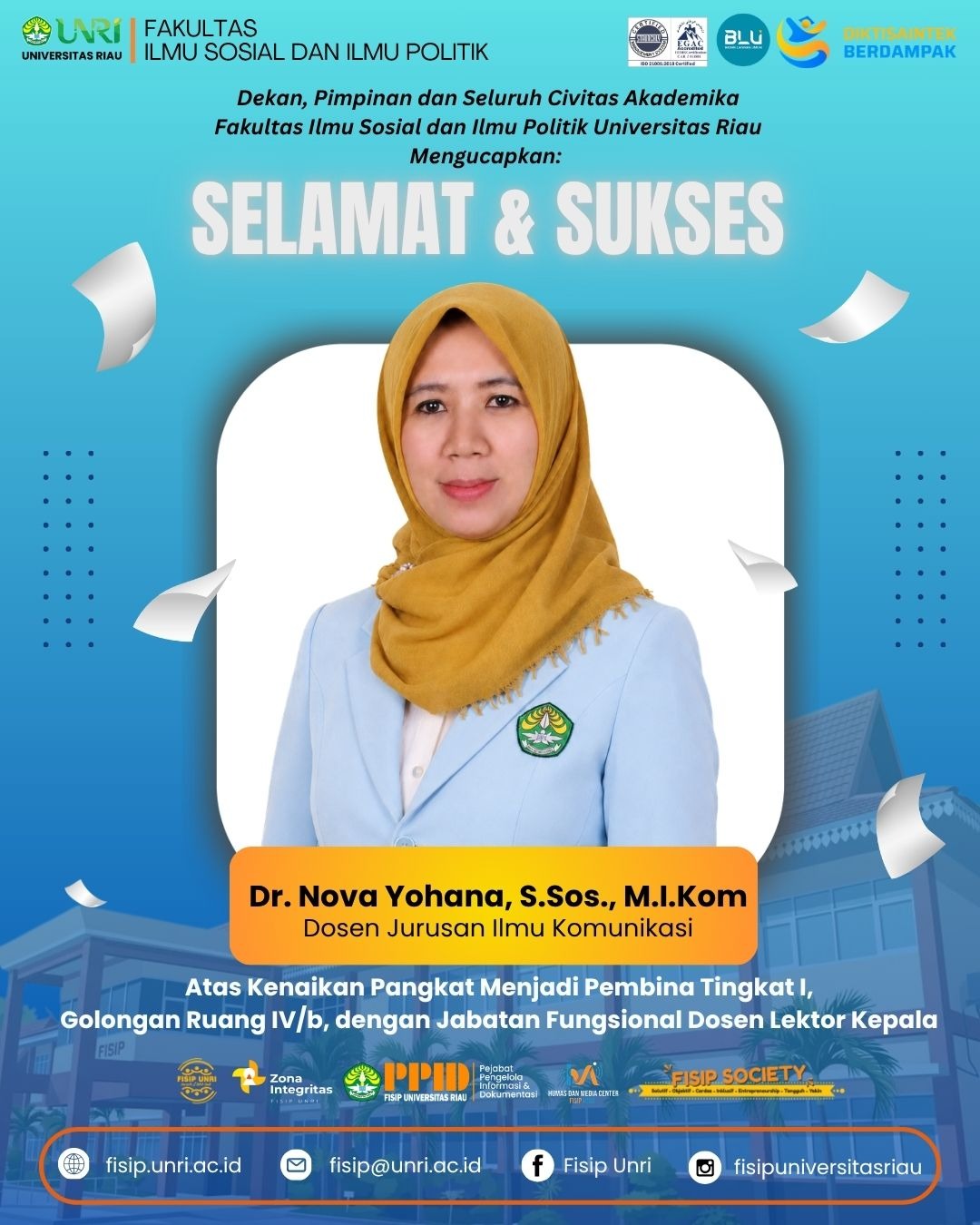 Selamat & Sukses Dr. Nova Yohana, S.Sos., M.I.Kom atas kenaikan pangkat menjadi Pembina Tingkat I, Golongan Ruang IV/b