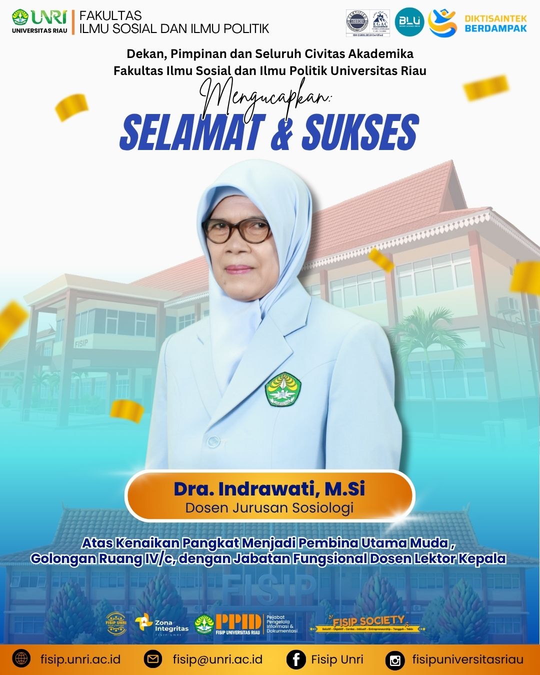 Selamat kepada Dosen Dra. Indrawati, M.Si. atas kenaikan pangkat menjadi Pembina Utama Muda (Golongan Ruang IV/c)