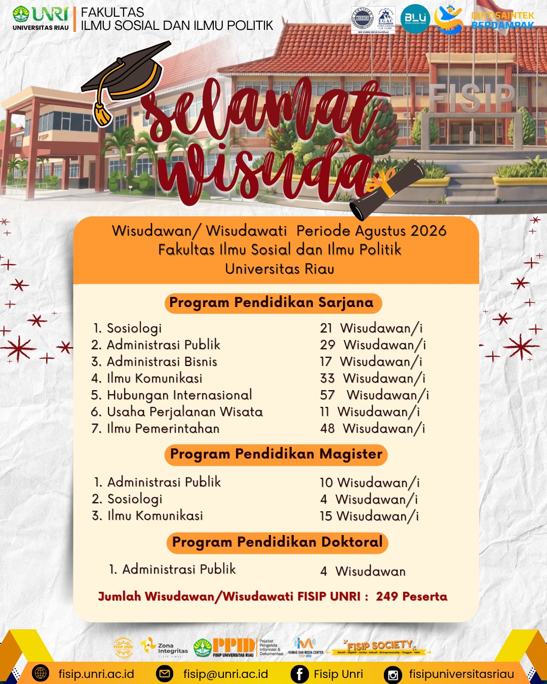 SELAMAT & SUKSES WISUDAWAN/WISUDAWATI FISIP UNRI PERIODE AGUSTUS 2026