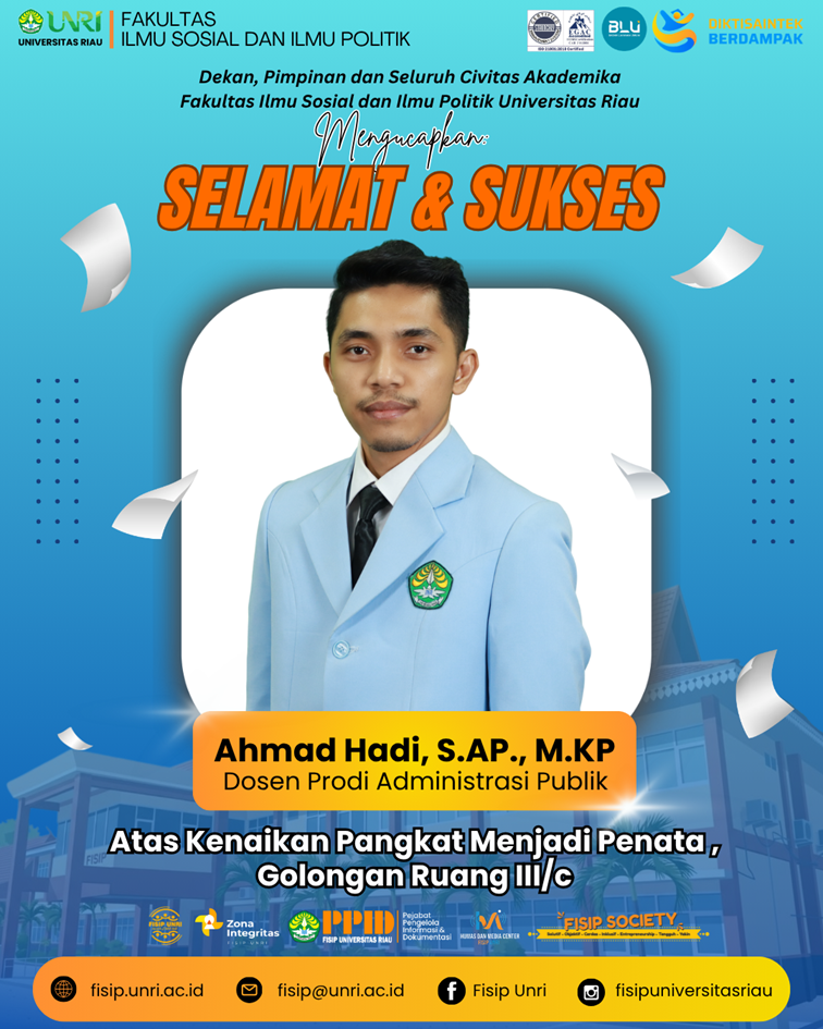 Selamat &  Sukses Ahmad Hadi, S.AP., M.KP atas kenaikan pangkat menjadi Penata, Golongan Ruang III/c