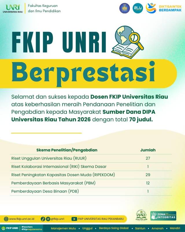 70 Judul Didanai, Dosen FKIP Universitas Riau Raih Pendanaan Penelitian dan Pengabdian DIPA UNRI Tahun 2026