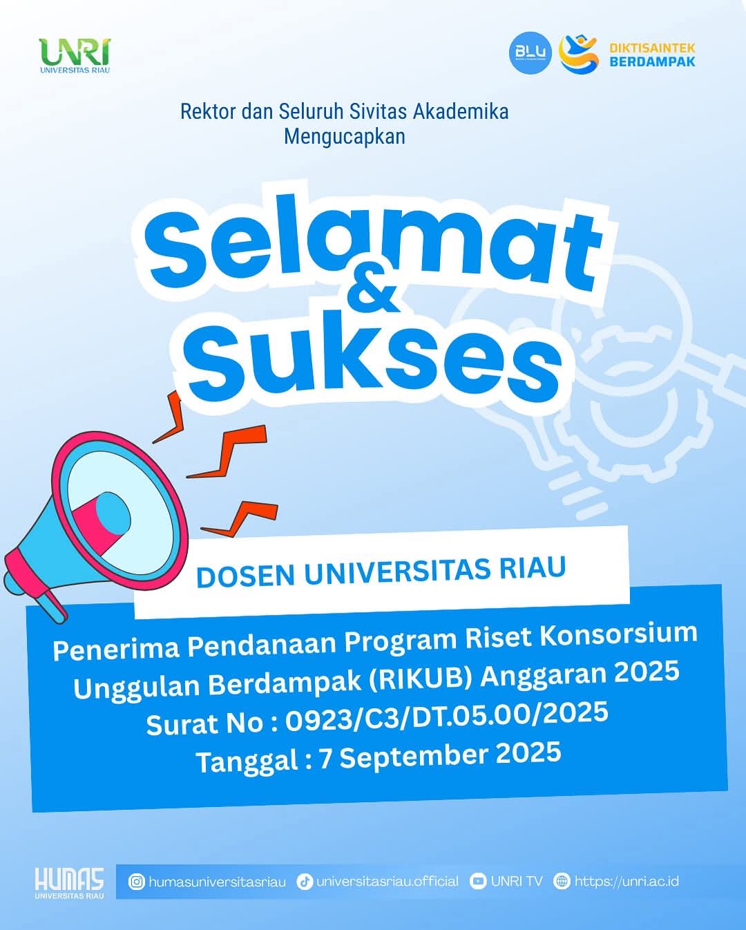 Selamat kepada Dosen FMIPA UNRI Penerima Pendanaan Program RIKUB 2025