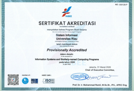 Program Studi S1 Sistem Informasi FMIPA Universitas Riau atas PROVISIONALLY ACCREDITED Dari IABEE