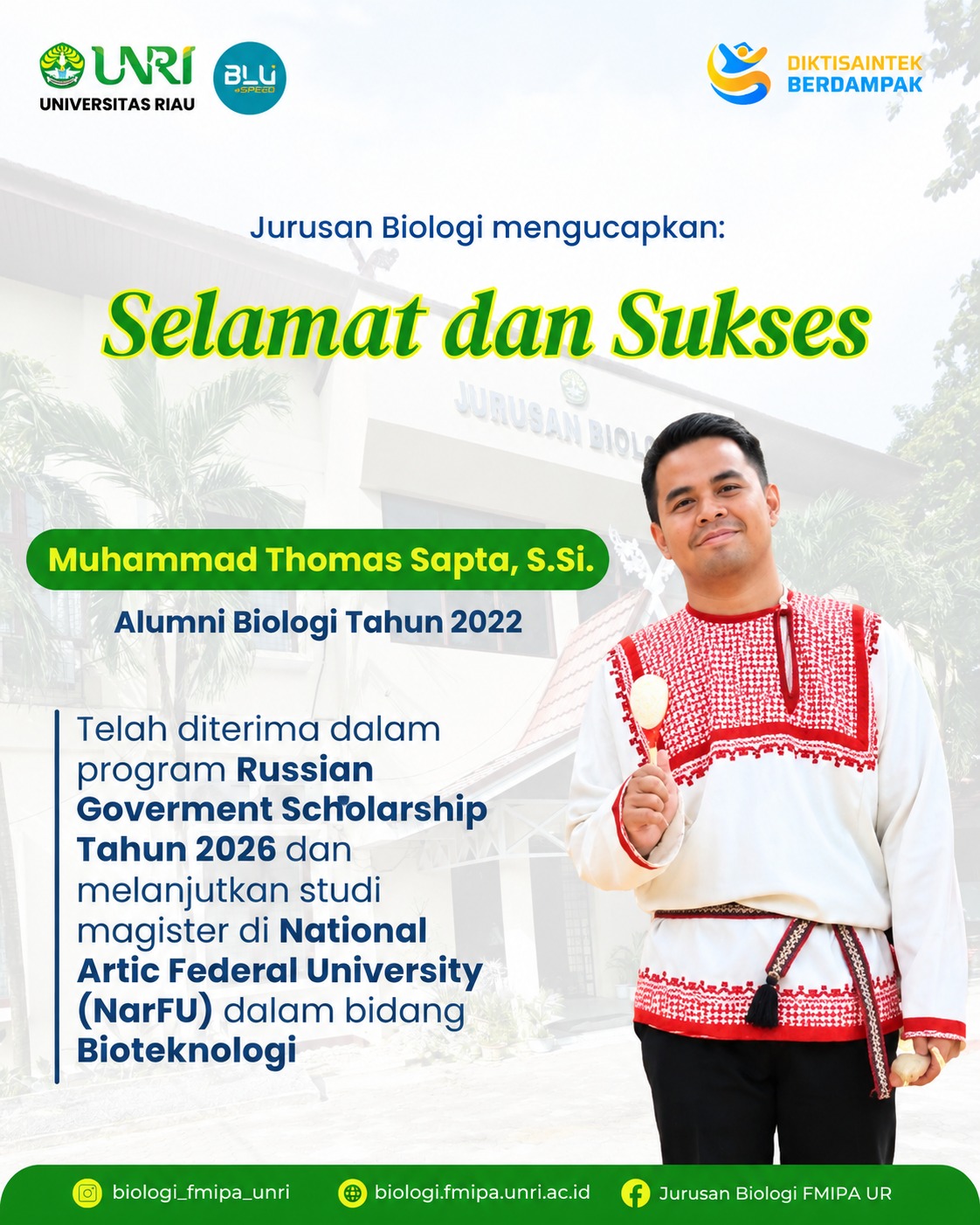 Alumni Biologi FMIPA UNRI Raih Russian Government Scholarship 2026, Lanjutkan Studi Magister di Rusia