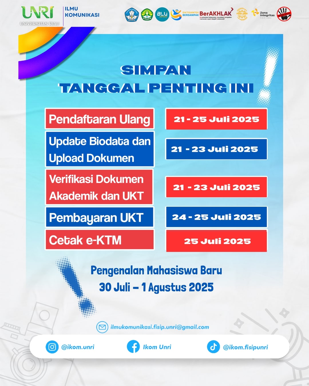 Important Administrative Dates for New Students – Jalur SMBT/PBM/Kerjasama 2025