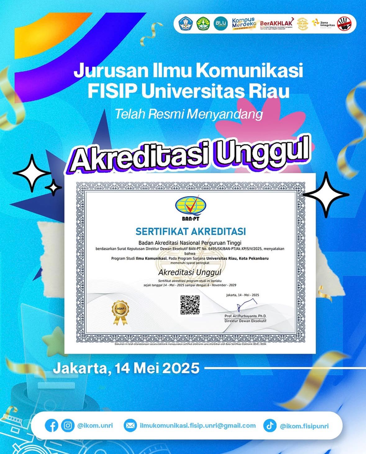 Communication Science Department of Universitas Riau Earns “Excellent” Accreditation from BAN-PT