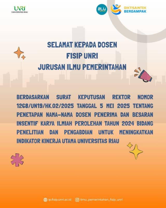 Dosen Ilmu Pemerintahan FISIP UNRI Raih Insentif Karya Ilmiah Tahun 2024 dari Universitas Riau