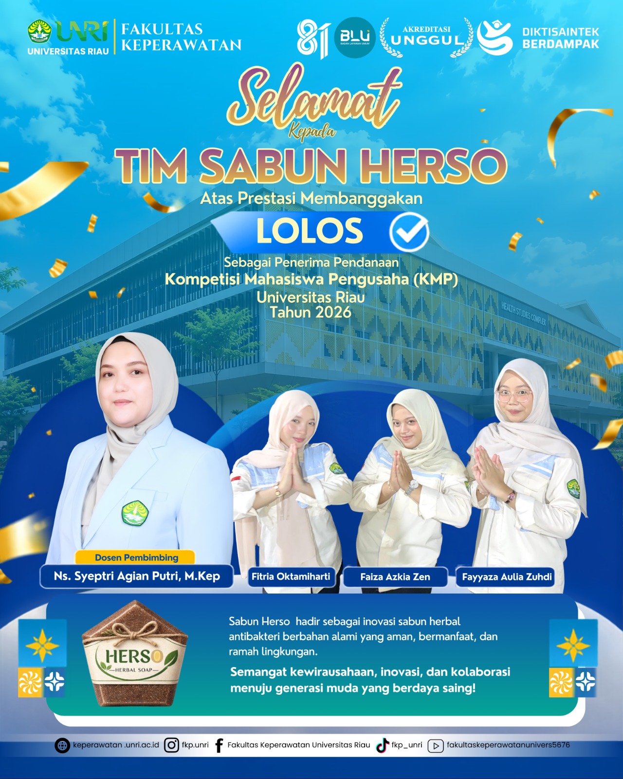 Tim Sabun Herso FKp UNRI Lolos Pendanaan KMP 2026, Hadirkan Inovasi Sabun Herbal Berbahan Alami