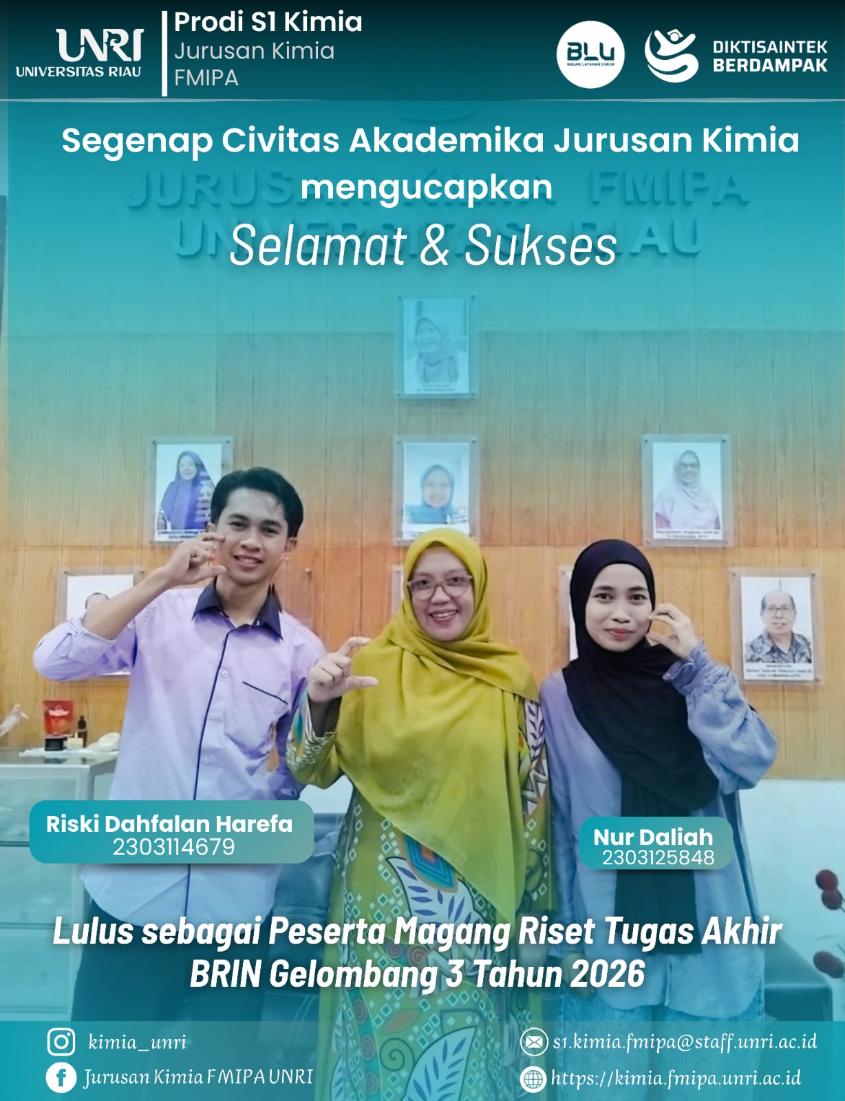 Dua Mahasiswa Kimia Universitas Riau Lolos Program Magang Riset Tugas Akhir BRIN Gelombang 3 Tahun 2026