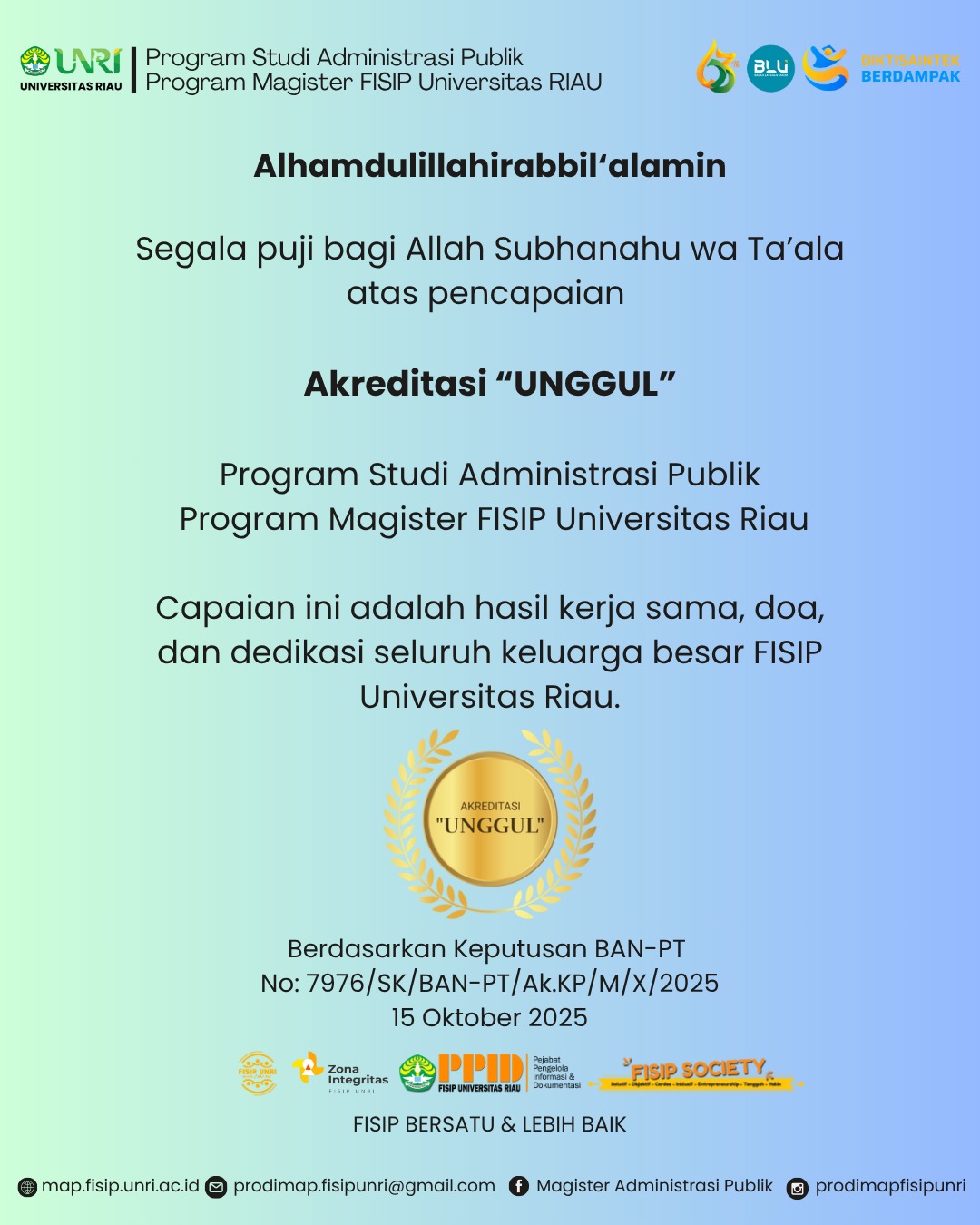 Program Studi Administrasi Publik Program Magister FISIP Universitas Riau Raih Akreditasi “Unggul”