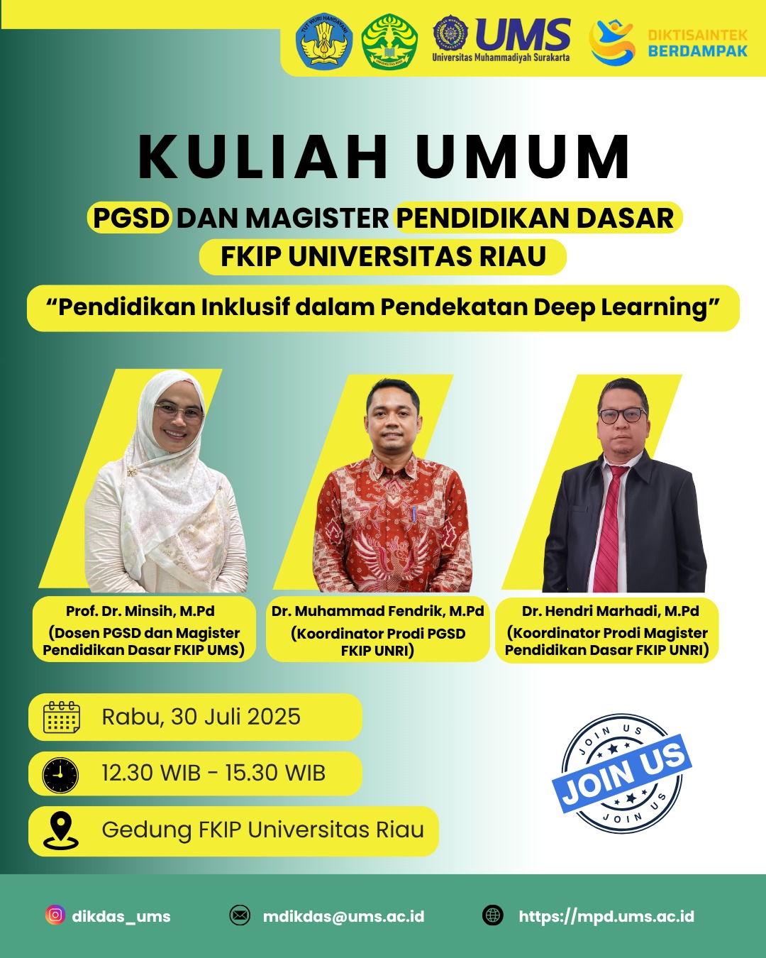 Kuliah Umum PGSD dan Magister Pendidikan Dasar FKIP UNRI: Kupas Pendidikan Inklusif dalam Pendekatan Deep Learning