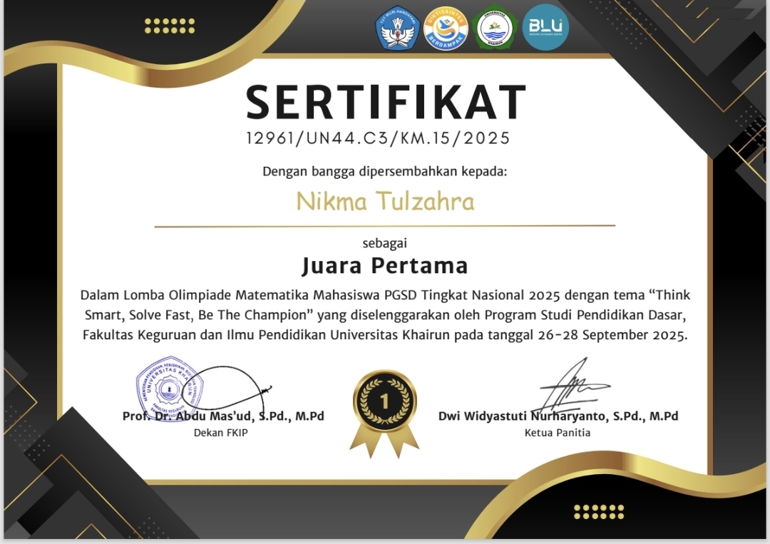 Juara 1 Olimpiade Matematika Tingkat Nasional dalam Kegiatan Olimpiade Matematika Universitas Khairun