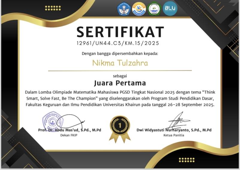 Juara 1 Olimpiade Matematika Tingkat Nasional dalam Kegiatan Olimpiade Matematika Universitas Khairun
