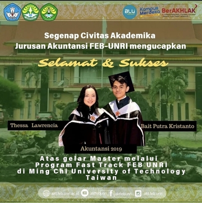 Prestasi Gemilang Mahasiswa Akuntansi FEB-UNRI: Thessa Lawrencia dan Bait Putra Kristanto Raih Gelar Master di Taiwan
