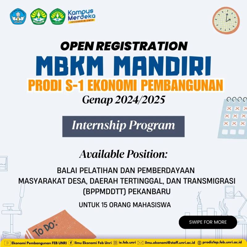 PENDAFTARAN MBKM MANDIRI INTERNSHIP PROGRAM PRODI S-1 EKONOMI PEMBANGUNAN GENAP 2024/2025 RESMI DIBUKA