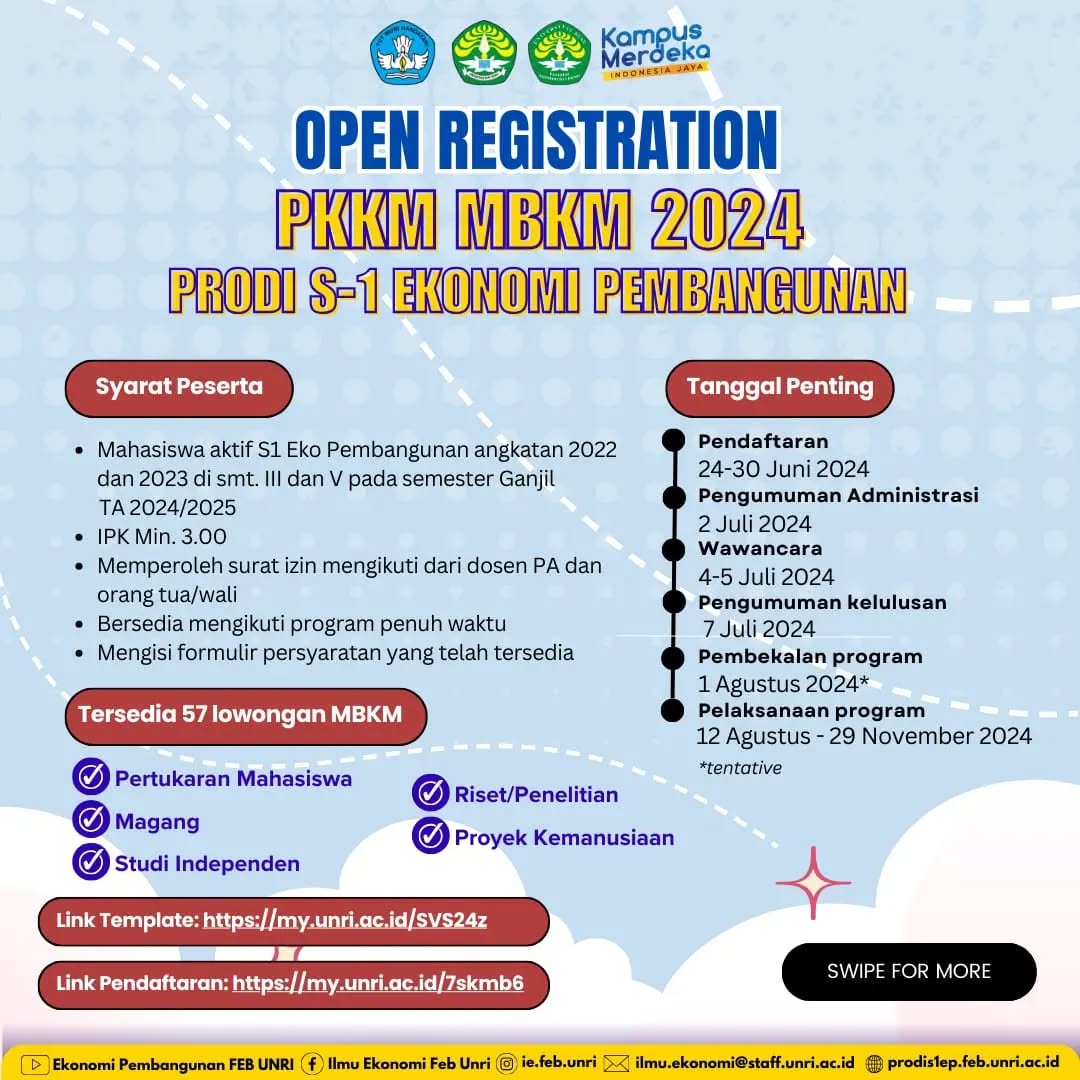 PENDAFTARAN MBKM PKKM PRODI S-1 EKONOMI PEMBANGUNAN TAHUN 2024 RESMI DIBUKA