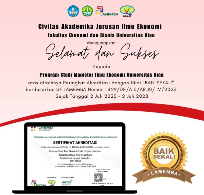 Selamat atas Raihan Akreditasi "Baik Sekali" Program Studi Magister Ilmu Ekonomi Universitas Riau