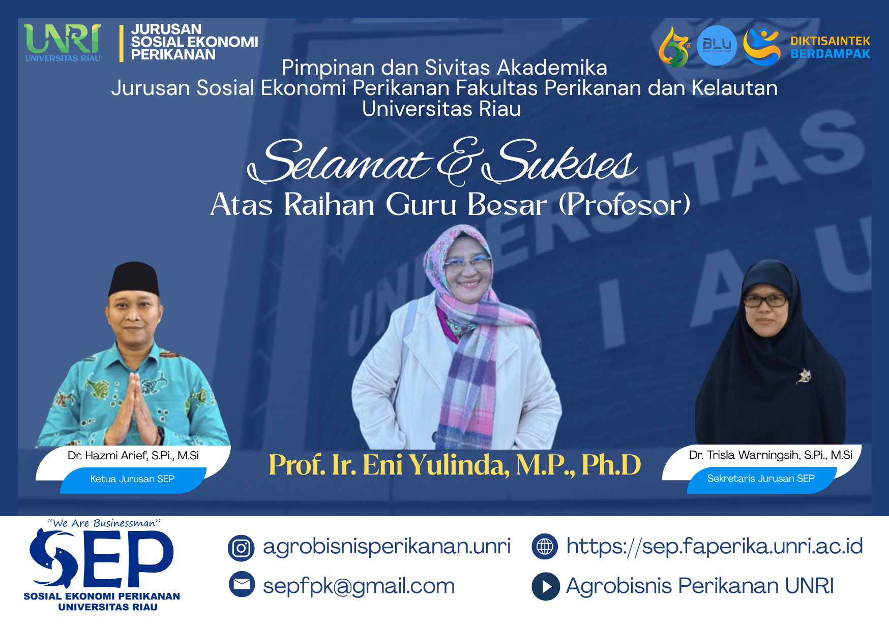 Selamat dan Sukses Atas Raihan Guru Besar (Profesor) Prof. Ir. Eni Yulinda, M.P., Ph.D