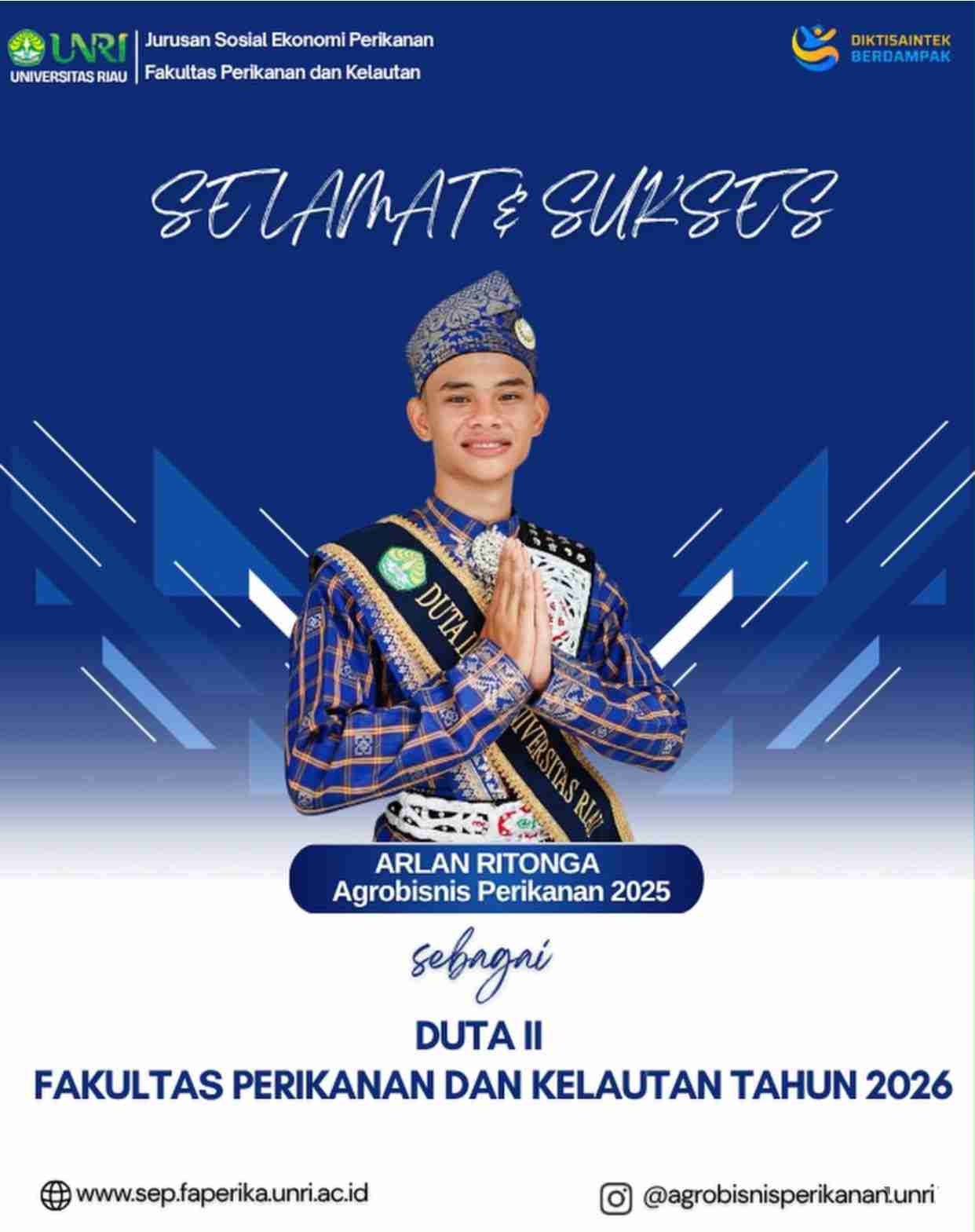 Selamat dan Sukses Kepada Arlan Ritonga Sebagai Duta II Fakultas Perikanan dan Kelautan Tahun 2026