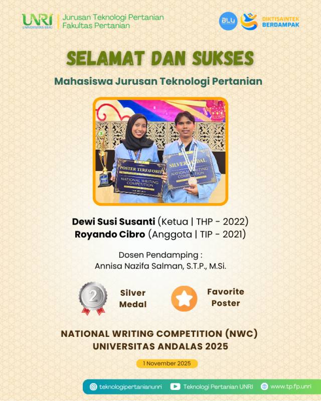 Selamat Mahasiswa TP Raih Silver Medal dan Favorite Poster Pada National Writing Competition Universitas Andalas 2025