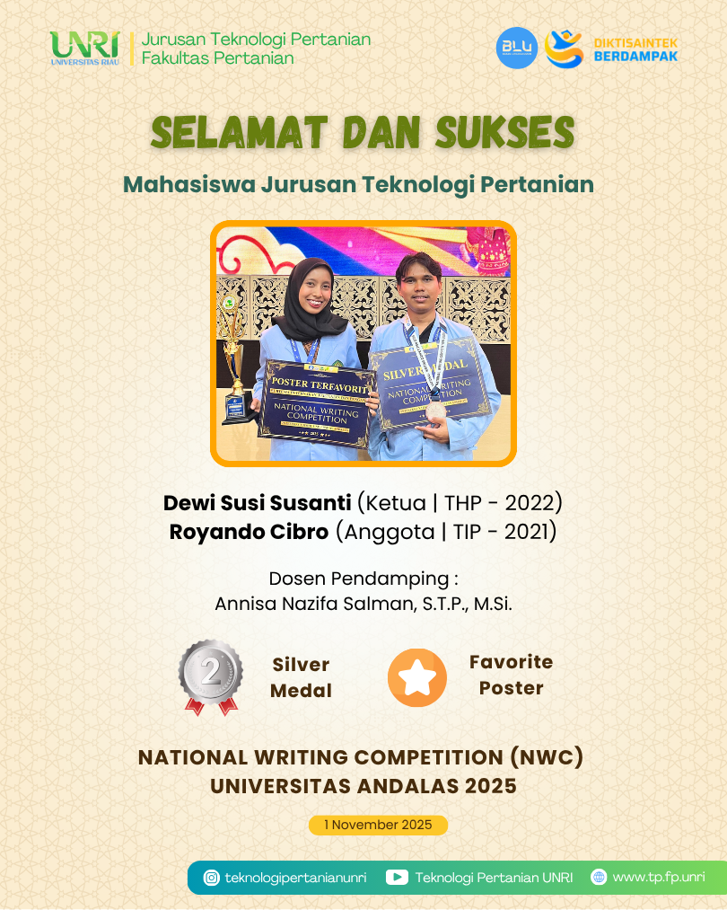 Selamat Mahasiswa TP Raih Silver Medal dan Favorite Poster Pada National Writing Competition Universitas Andalas 2025