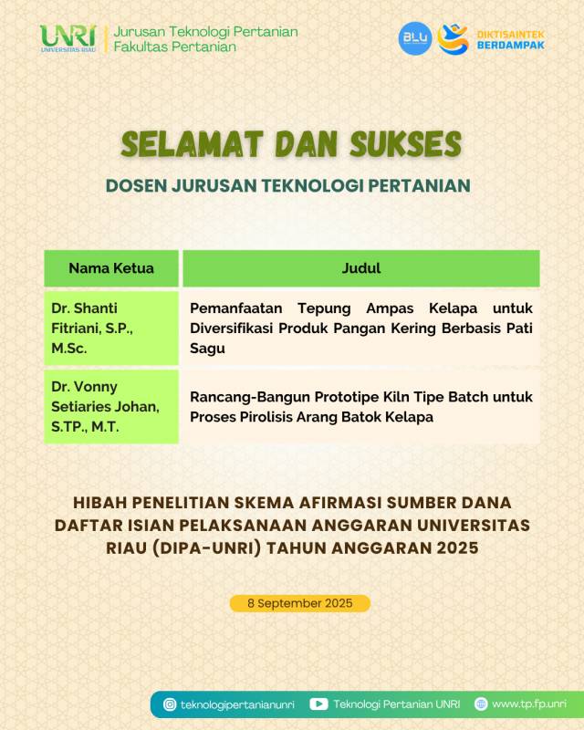 Selamat Tim Dosen TP Lolos Hibah Penelitian DIPA UNRI Skema Afirmasi 2025