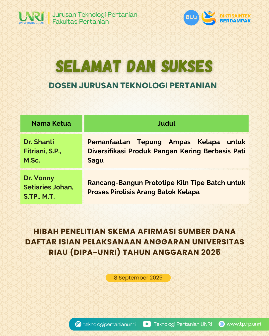 Selamat Tim Dosen TP Lolos Hibah Penelitian DIPA UNRI Skema Afirmasi 2025