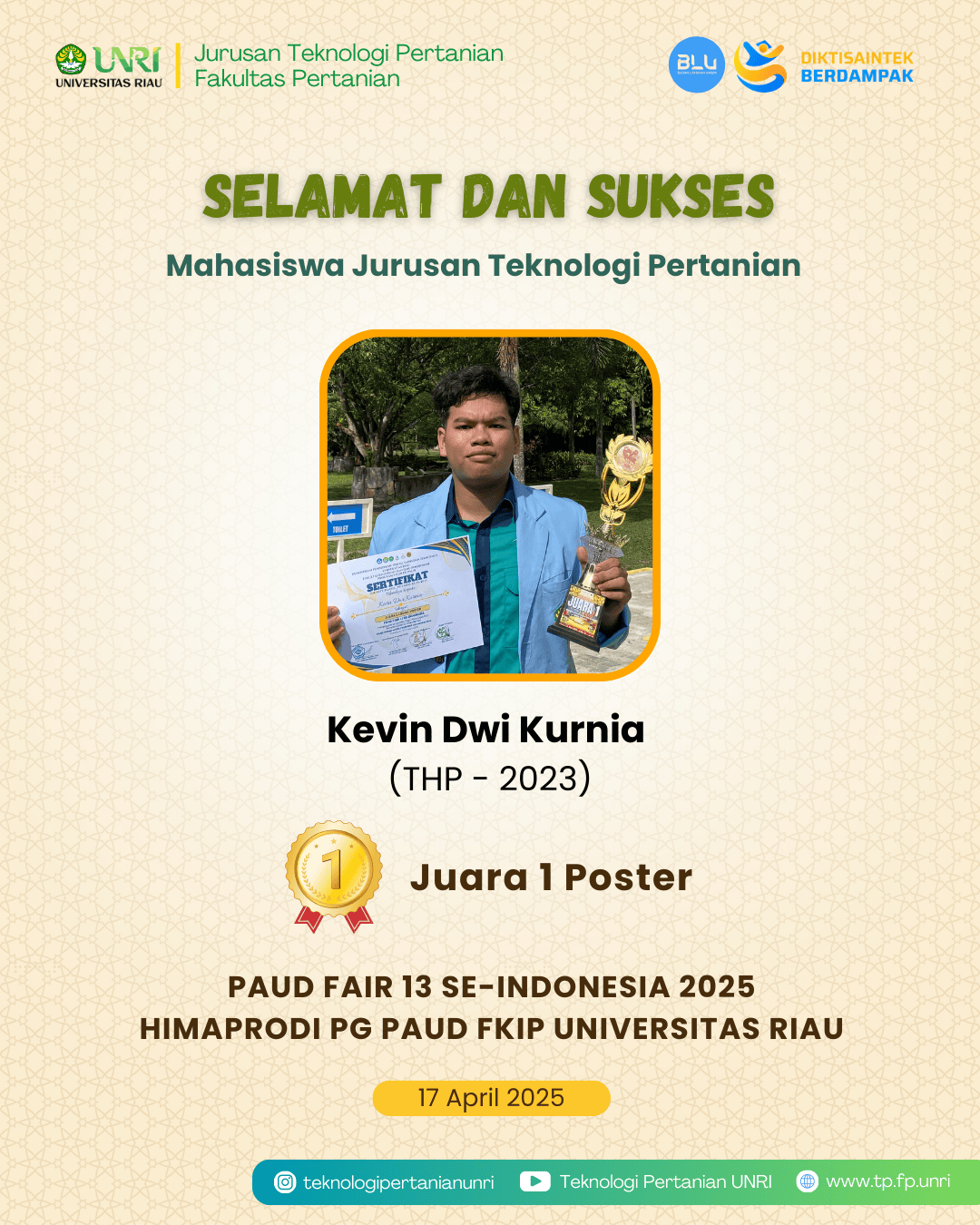 Selamat Mahasiswa TP Raih Juara 1 Poster Pada PAUD Fair Ke-13 Universitas Riau 2025