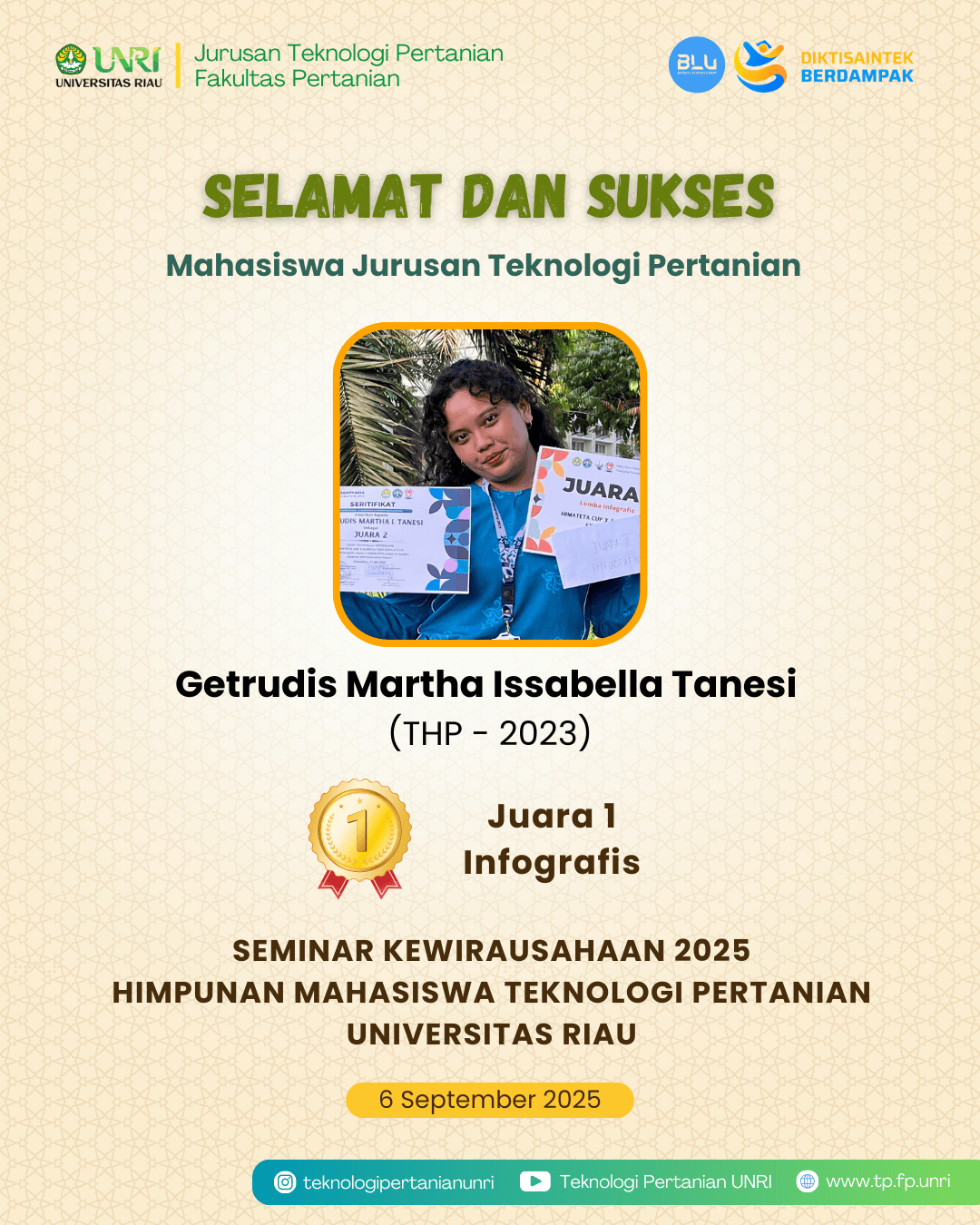 Selamat Mahasiswa TP Raih Juara 1 Infografis Pada Seminar Kewirausahaan 2025 oleh HIMATETA Universitas Riau