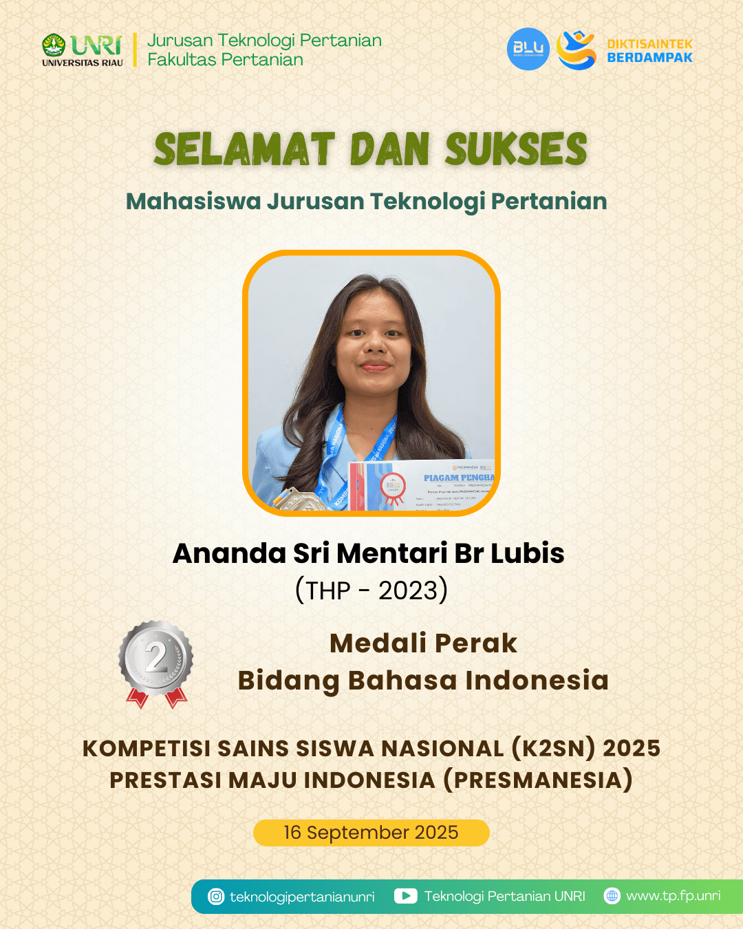 Selamat Mahasiswa TP Raih Medali Perak Bidang Bahasa Indonesia Pada K2SN 2025 oleh PRESMANESIA