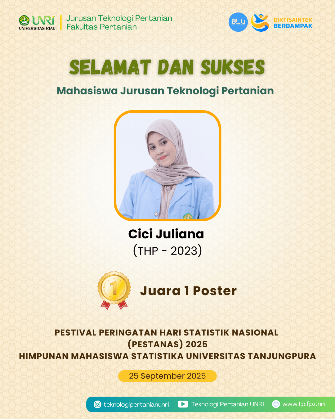 Selamat Mahasiswa TP Raih Juara 1 Poster Pada Pestanas 2025 oleh Himpunan Mahasiswa Statistika Universitas Tanjungpura