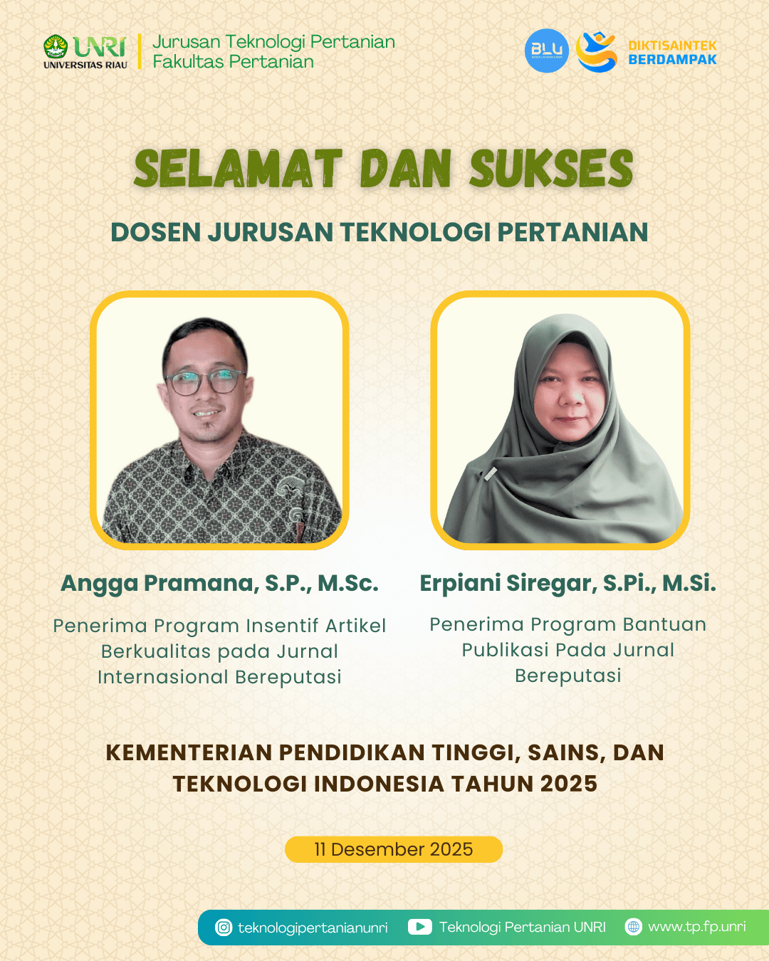 Selamat Dosen Teknologi Pertanian Meraih Bantuan Publikasi dari Kemdiktisaintek Tahun 2025