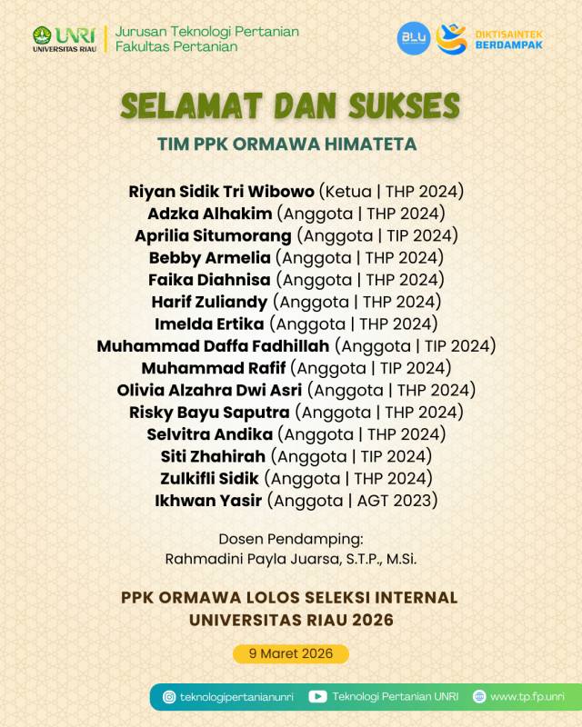 Selamat Tim PPK Ormawa HIMATETA Lolos Seleksi Internal PPK Ormawa Universitas Riau 2026