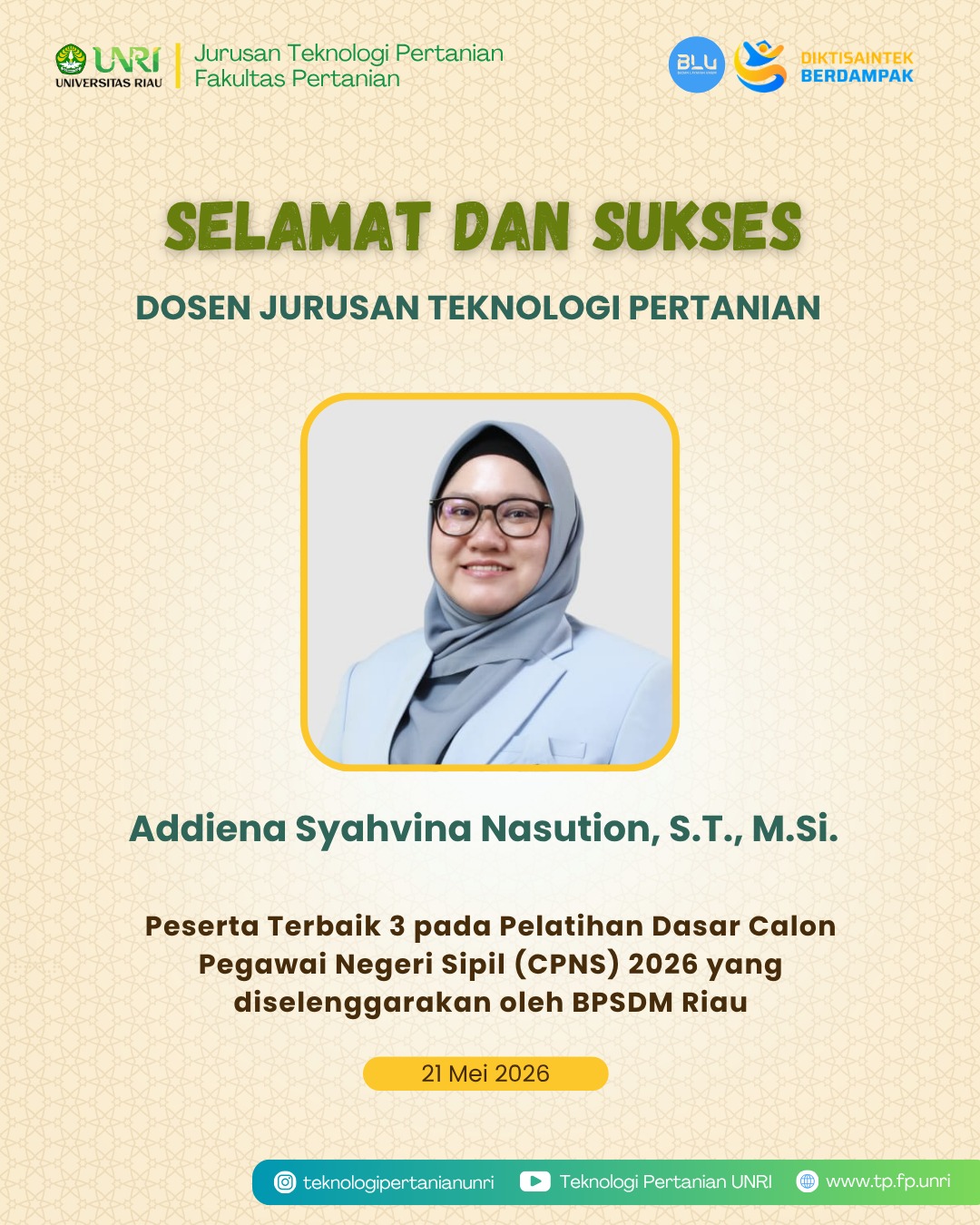 Selamat Dosen TP Meraih Prestasi Terbaik 3 Pelatihan Dasar CPNS 2026