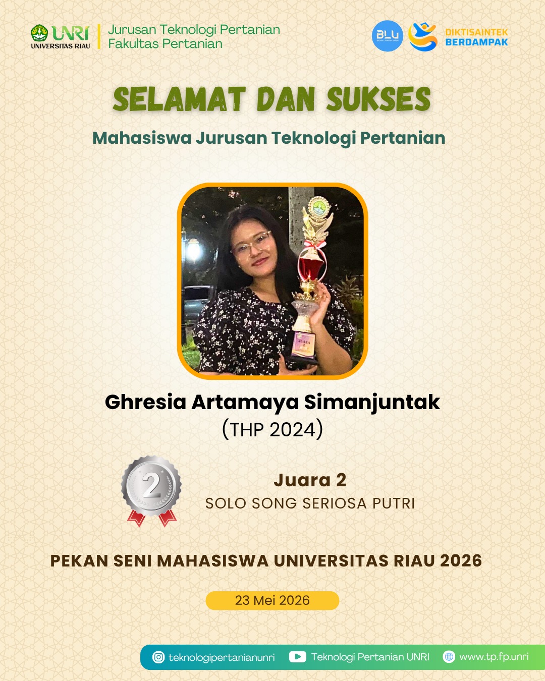 Selamat Mahasiswa TP Raih Prestasi pada Ajang Pekan Seni Mahasiswa Universitas Riau 2026