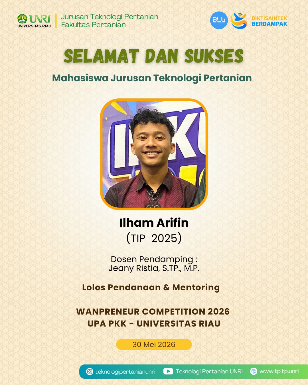 Selamat Mahasiswa TP Lolos Pendanaan pada Ajang Wanpreneur 2026