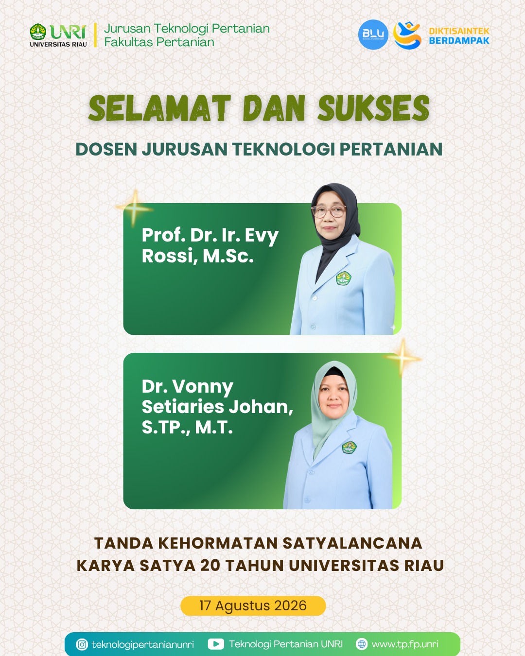Selamat Dosen TP Meraih Tanda Kehormatan Satyalancana Karya Satya 20 Tahun