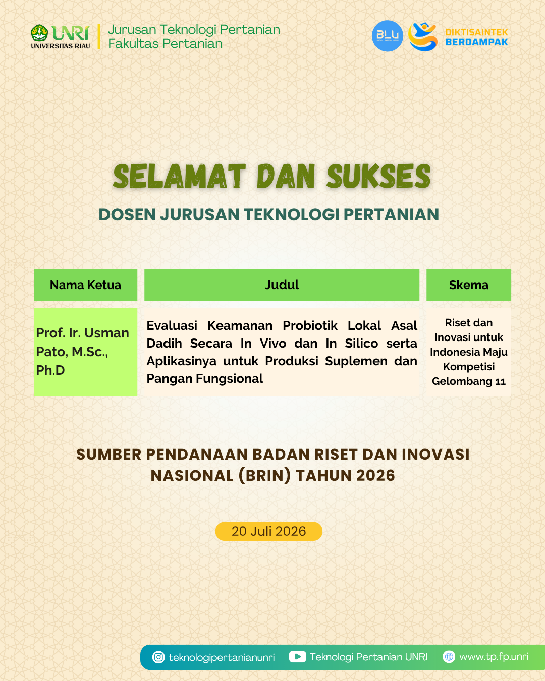 Selamat Dosen Teknologi Pertanian Menerima Hibah Penelitian BRIN 2026